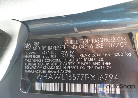 2007 BMW 328I from USA, damaged, VIN WBAWL13577PX16794